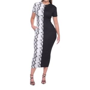 WinWin Black and White Snakeskin Color Block Bodycon Dress W/ Pockets